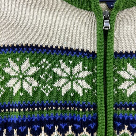 Lands End Sweater Fair Isle Green Cream Blue Full Zip Girls Size Small - Picture 2 of 5